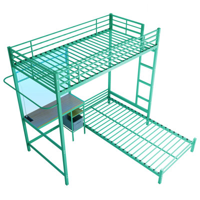 Twin Over Twin Metal Bunk Bed with L-Shaped Desk, Shelves, Drawers, Guardrail and Ladder, Green