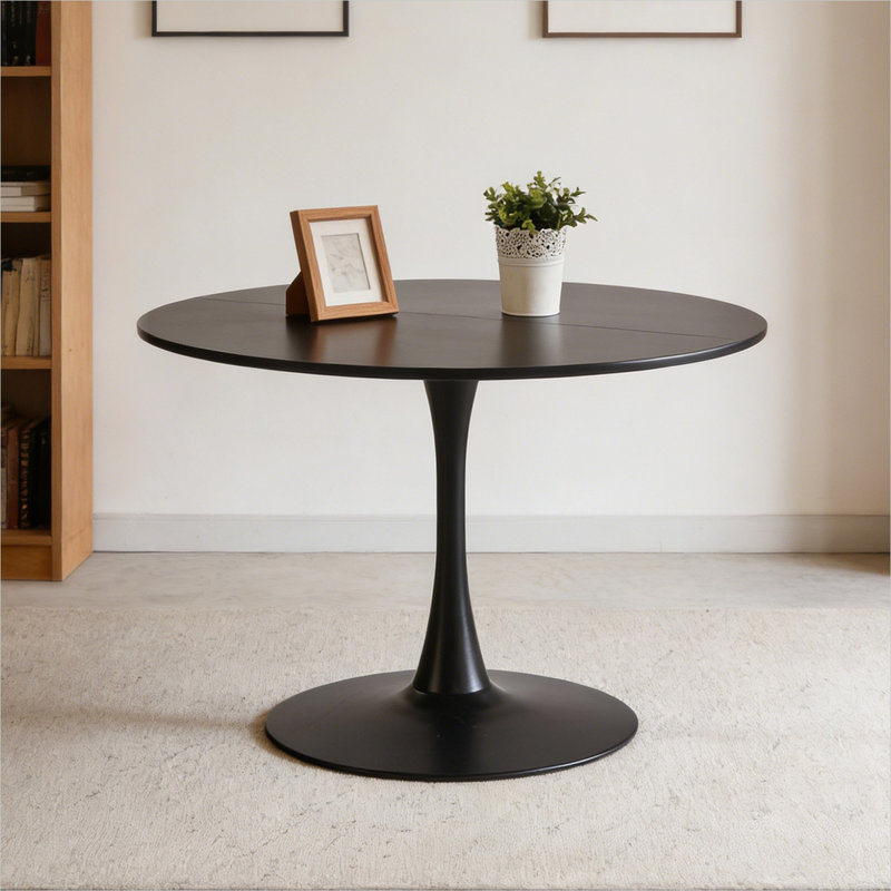 Table de salle à manger Mid-Century à piédestal, pour 4 à 6 personnes, plateau rond en panneau de fibres à densité moyenne noir profond avec base en métal