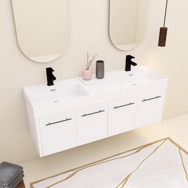 Meuble-lavabo mural 60 po avec lavabo double en résine à rebords épais et portes à fermeture en douceur, Blanc/Noir, Blanc