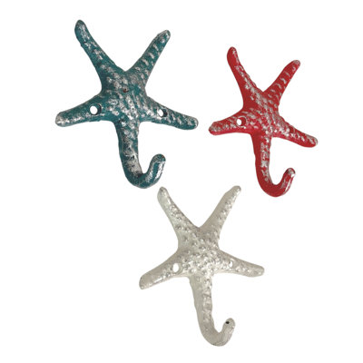 Coastal cast iron starfish wall hooks with blue and coral orange painted finish, set of 3 — 4.25 in. wide x 1.5 in. deep x 4.5 in. high