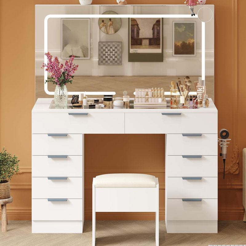 Meuble-lavabo avec miroir, coiffeuse l 45 po avec 10 tiroirs et plateau en verre, coiffeuse avec porte-séchoir pour chambre à coucher