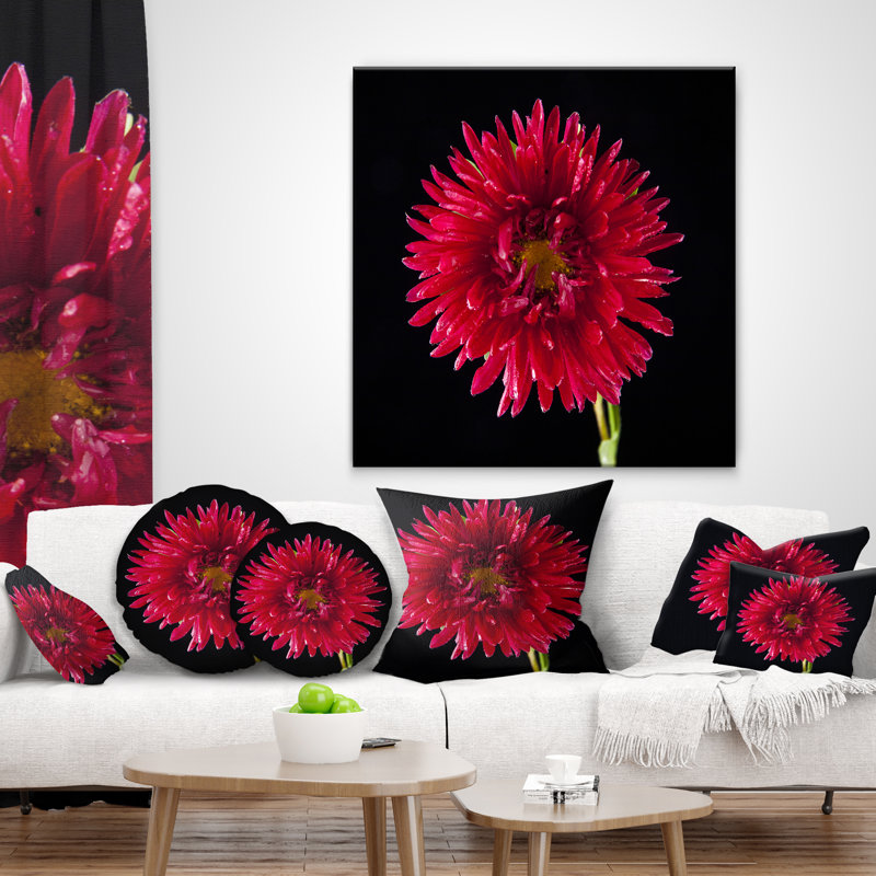 Chrysanthème fleur sur fond noir - coussin à imprimé floral, 16 po x 1 po, Coussin décoratif