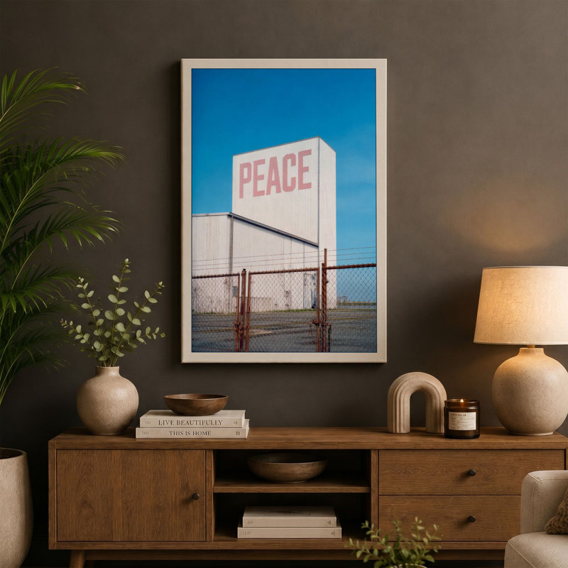 Peace Sign Under Sky Minimalist - Wrapped Canvas, 36x24 - 91.4 x 61.0 cm, Ochre Border