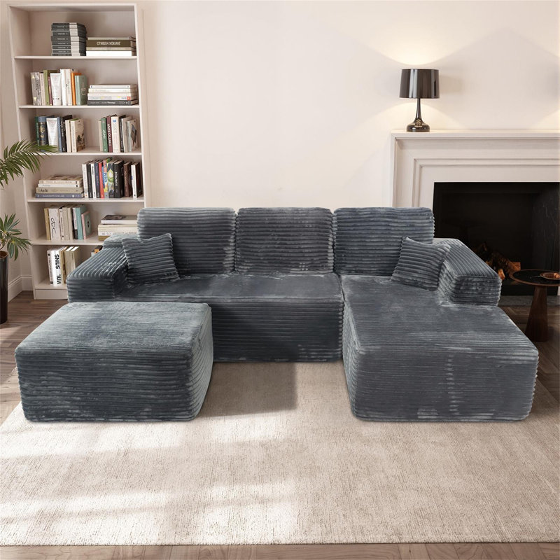 105.7"Cloud Sectional Couch With U-Shaped Chaise, Gray Fabric, Right Hand Facing