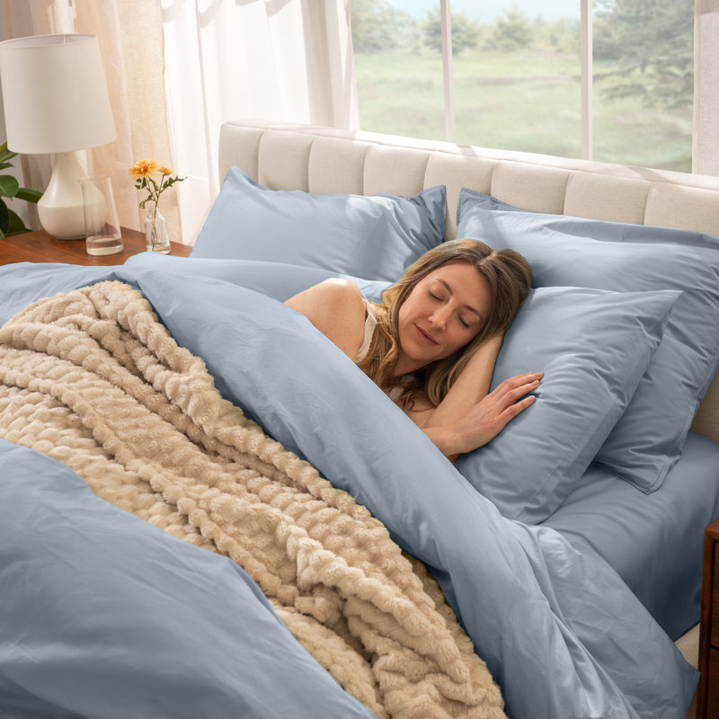 Modern & Contemporary Organic Cotton Machine Woven Duvet Cover, Dusty Blue, King Duvet Cover + 2 King Shams