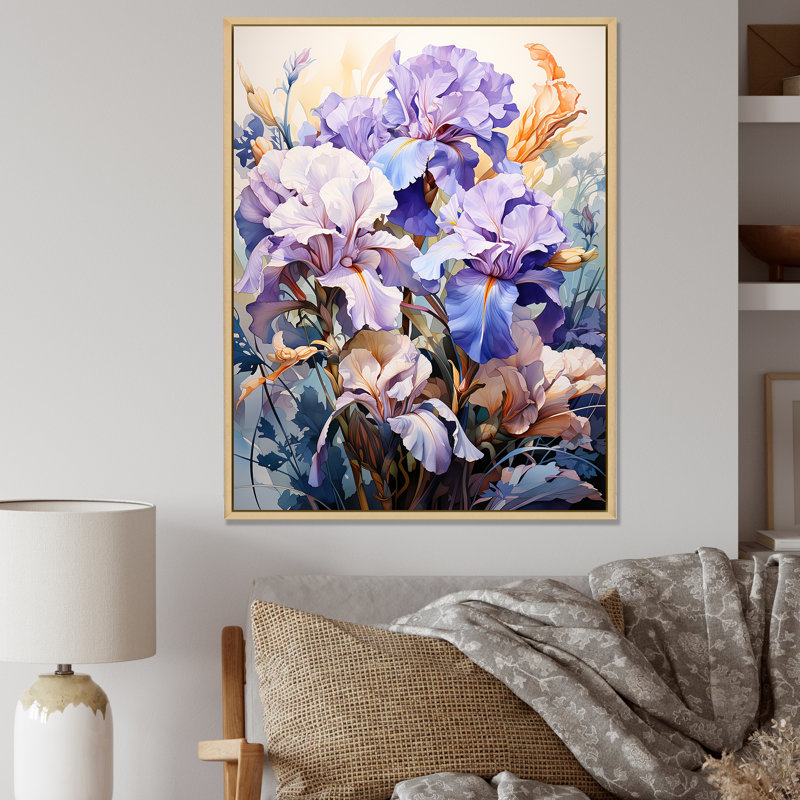 Détaillée détaillée iris mauve foncé - reproduction sur toile, H 32 po x l 16 po x P 1 po, Cadre flottant naturel