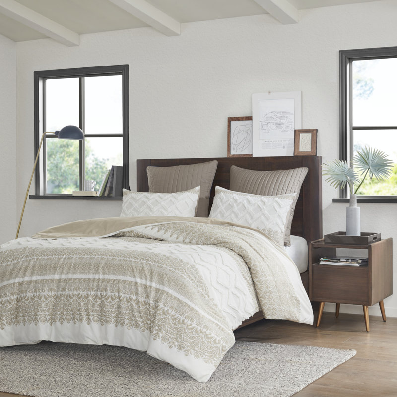 Mila Cotton Duvet Cover Set with Chenille Tufting, Taupe, King/Cal. King Duvet Cover + 2 King Shams