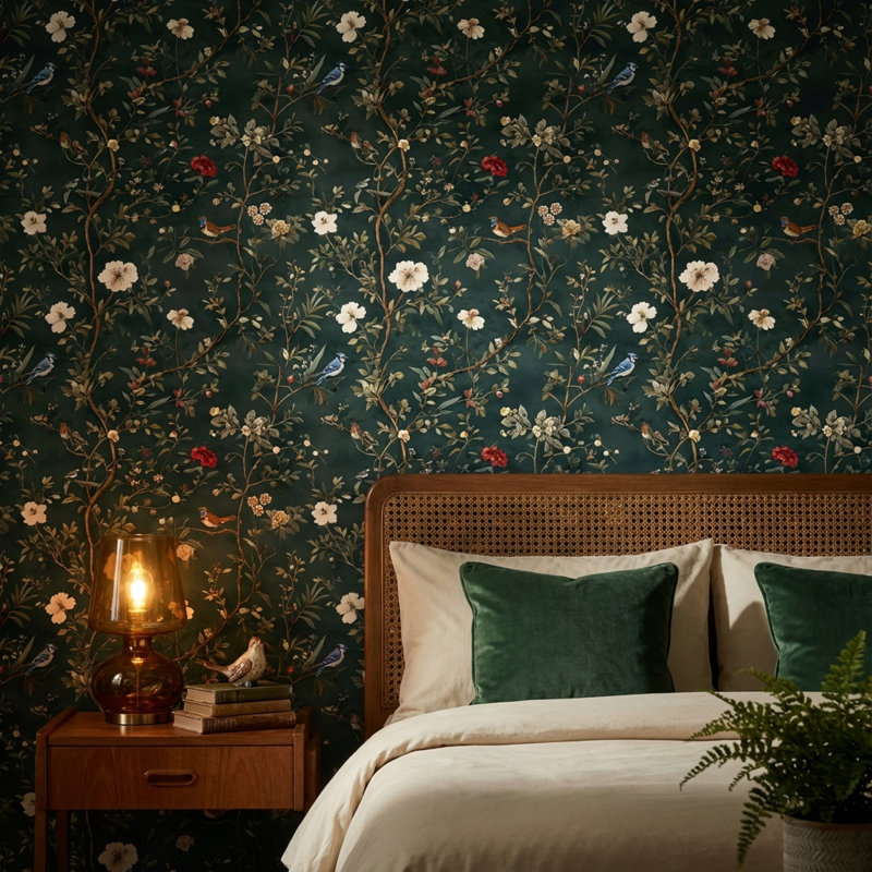 Papier peint floral, oiseaux, murale rétro, décoration murale traditionnelle