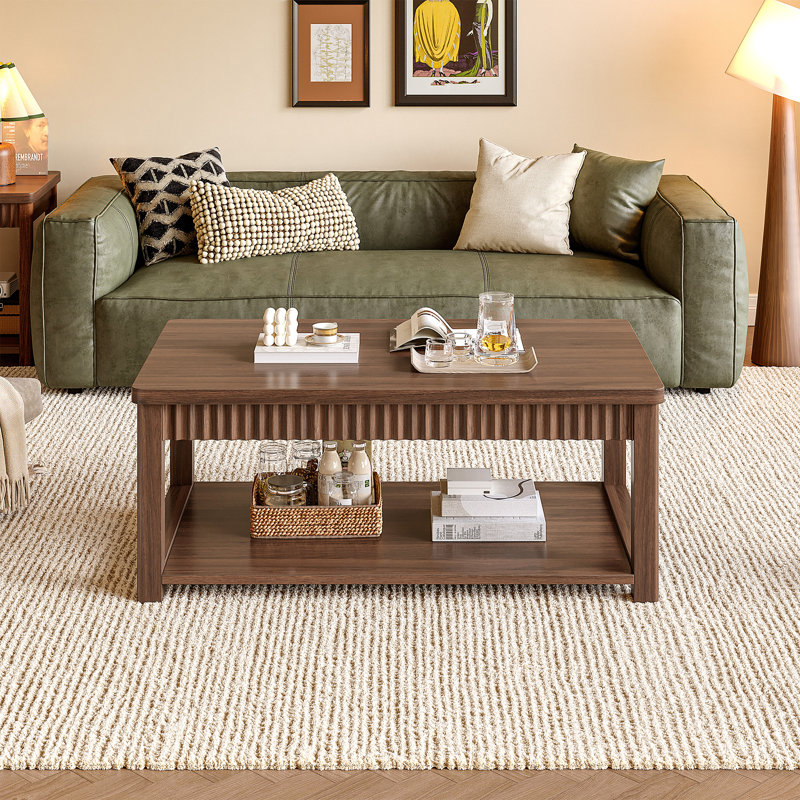 Table basse moderne à bord ondulé avec rangement à 2 niveaux, Marron foncé