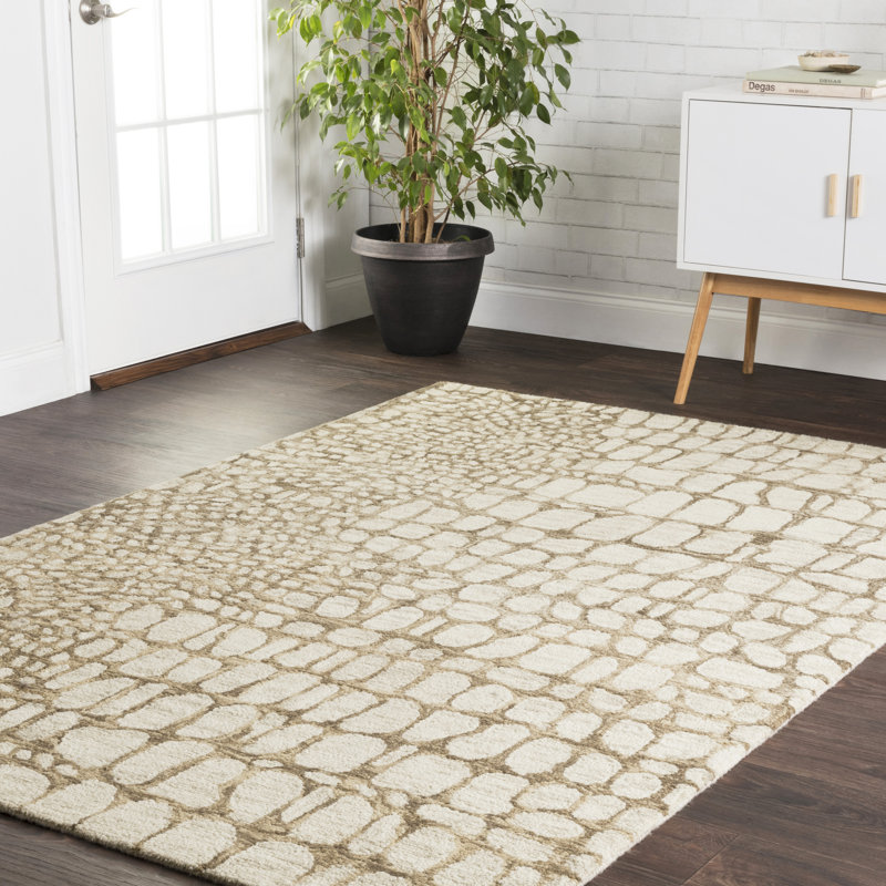 Tapis beige / ivoire en laine crocheté à la main Masai, Carré 1 pi 6 po