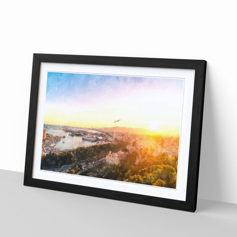 'Malaga Skyline in Spain' - Picture Frame Graphic Art Print, 62cm H x 87cm W x 2cm D, Black Framed