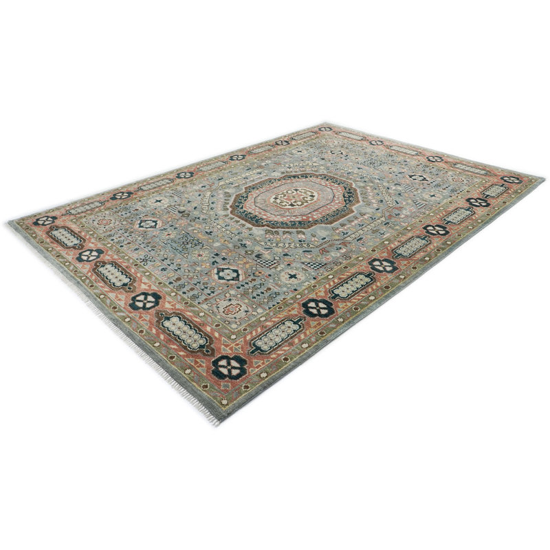 Tapis traditionnel rose en laine noué à la main 9 pi 9 po x 14 po Oushak, Vert, Rectangle 9 pi 9 po x 14 pi