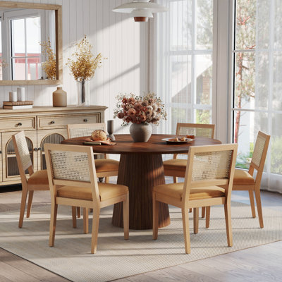 Ensemble de table de salle à manger ronde à piédestal avec 4 à 6 chaises à dossier en rotin, ensemble de table de salle à manger de style campagnard avec chaises rembourrées en chenille et pieds en bois massif pour 4 à 6