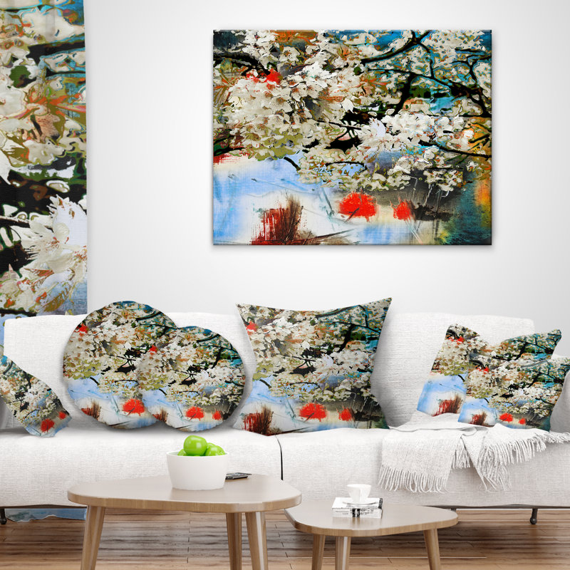 Motif printanier avec petites fleurs blanches - coussin à imprimé floral, 18 po x 18 po, Coussin décoratif