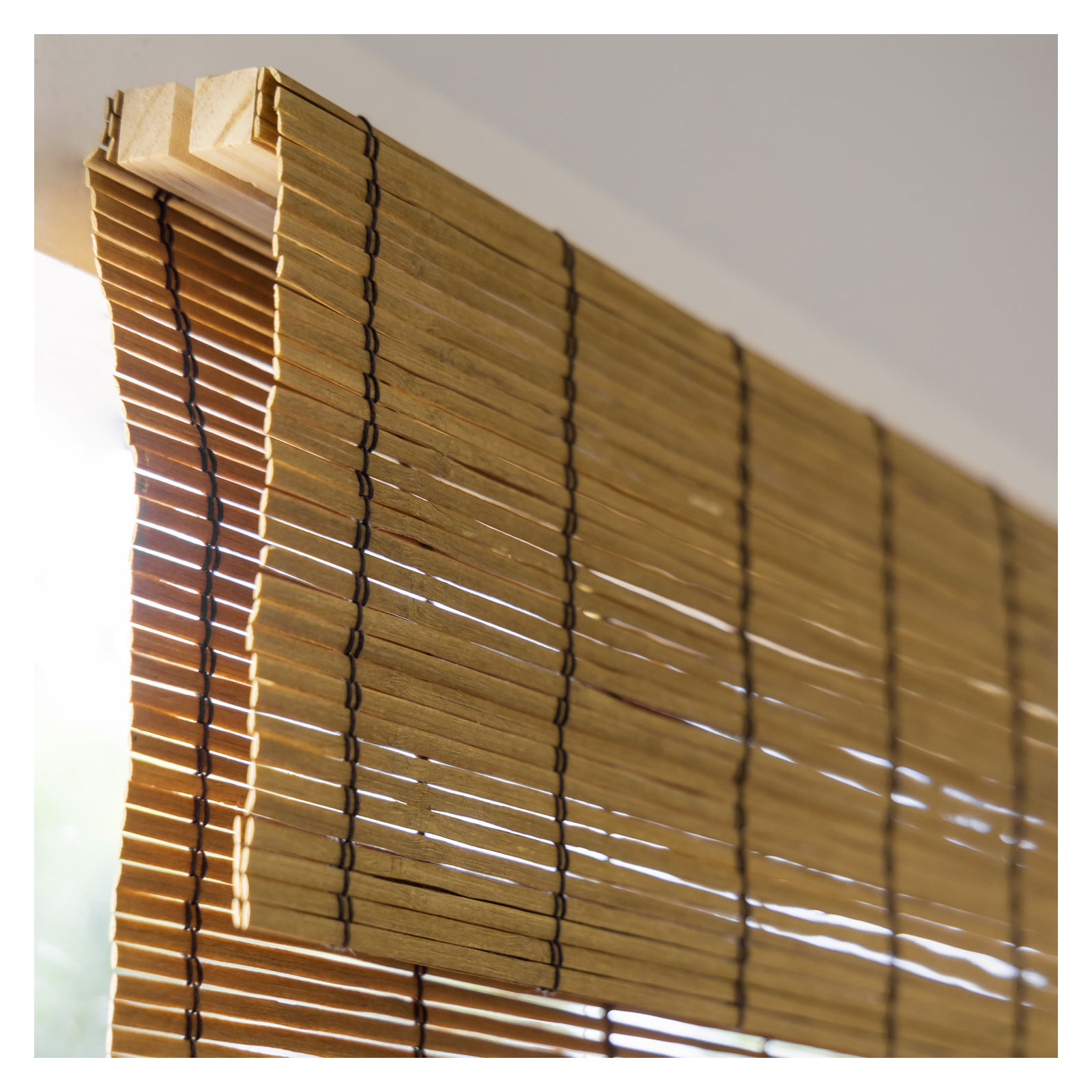 Cordless Light Filtering Woven Wood Bamboo Roman Shade with Valance, Brown, 32"W x 64"L