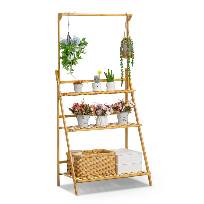 Natural Bamboo 3-Tier Plant Stand with Adjustable Hanging Rod