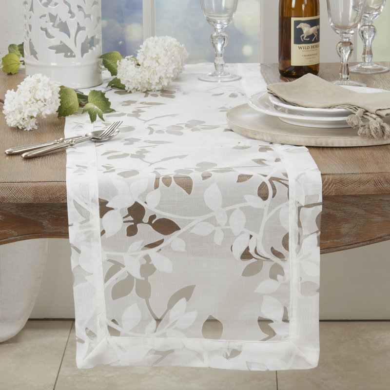White Floral Polyester Sheer Table Runner, 16" x 72"