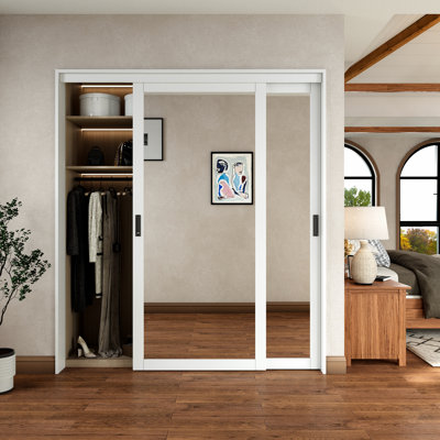 Porte de placard coulissante à miroir pleine longueur 72 po x 80 po avec trousse de quincaillerie et poignées, pour une garde-manger ou une chambre à coucher