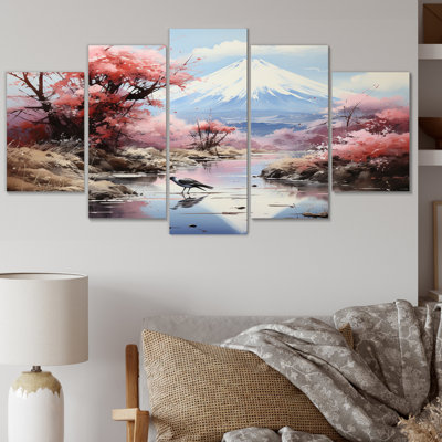 Japon Art Pink Mount Fuji I - Japanese Canvas Art Print - 5 Panels