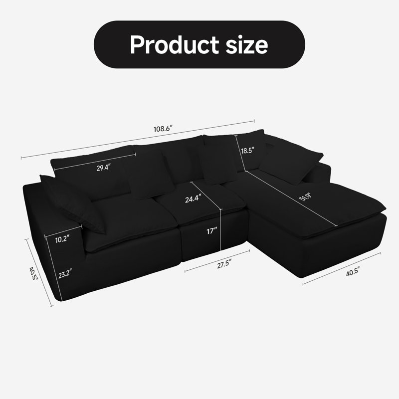 Canapé modulaire 108 po Cloud, canapé modulaire désossé, Black Chenille, Right Hand Facing