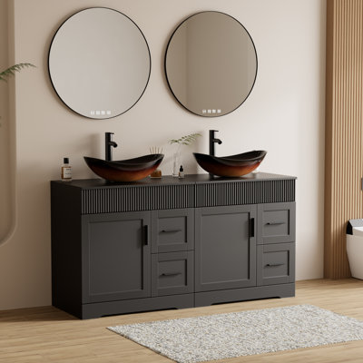 Ghag 60" Freestanding Double Sink Bathroom Vanity Set With Manufactured Wood Top, Vessel Sink, Faucet And Drain, Hand Painted Water-resistant