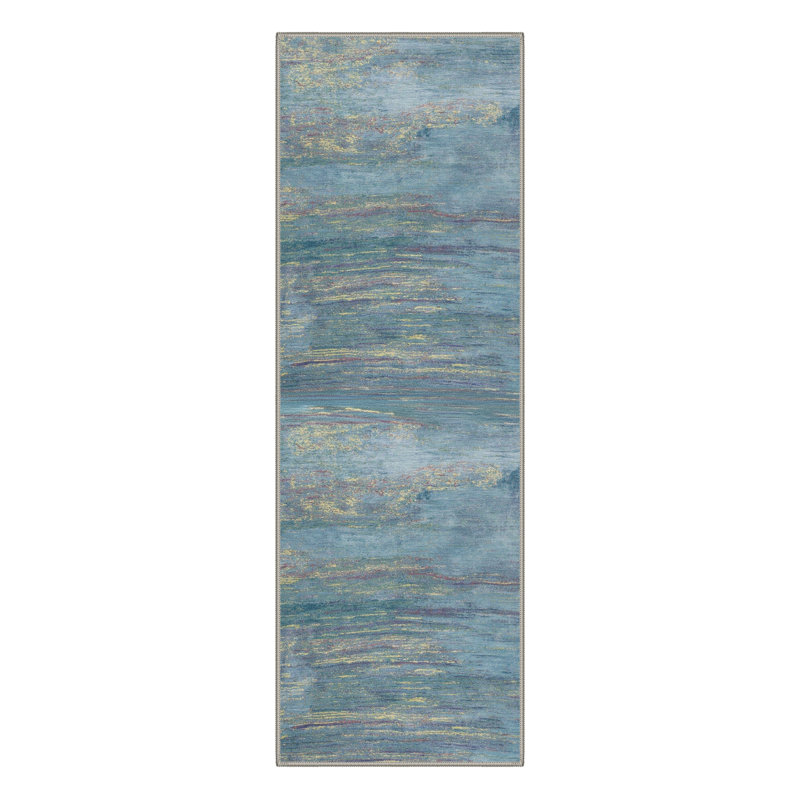 Tapis d'intérieur gris / bleu Lucchesi Striation, Tapis de couloir 2 pi 6 po x 8 pi