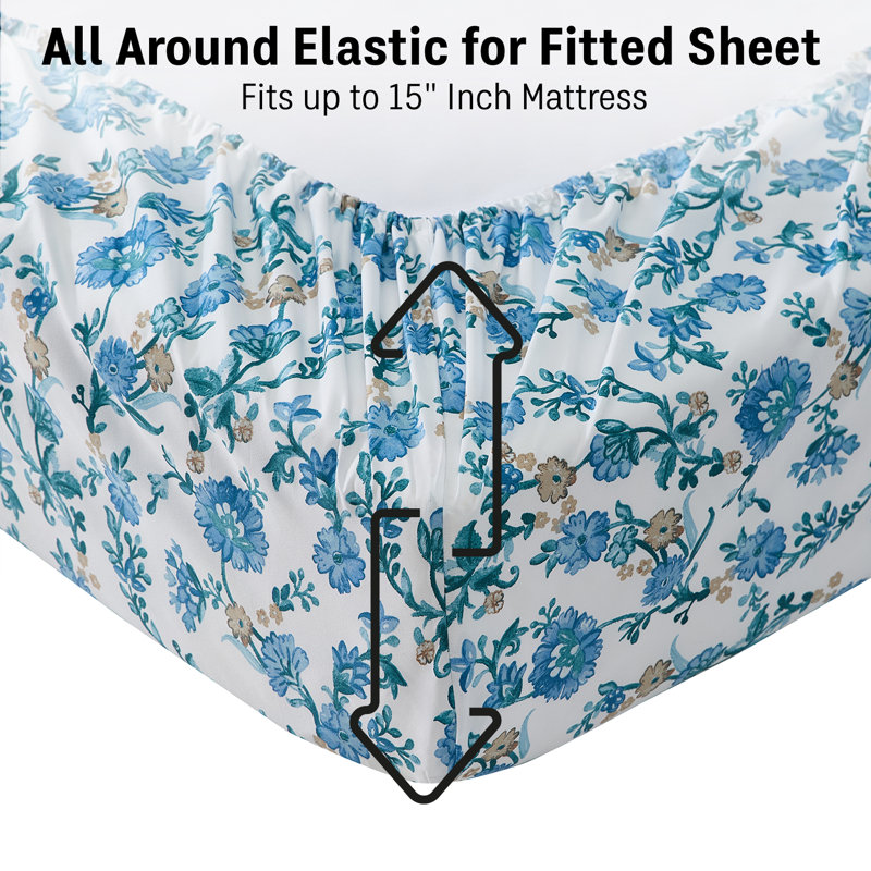 Ensemble de draps HLC.ME Ditsy, Bleu, Ensemble de draps pour lit double avec 2 taies d'o