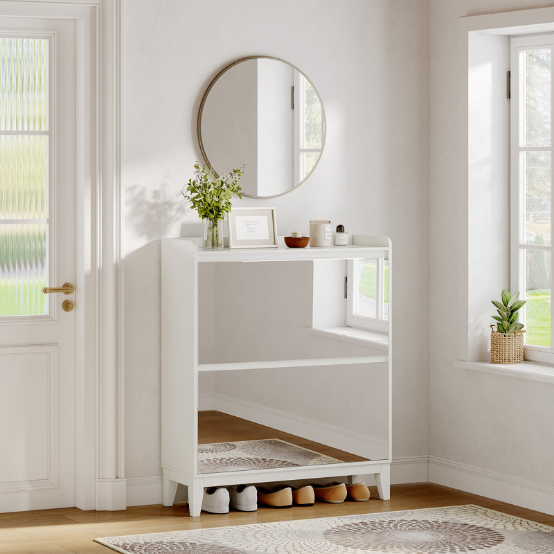 Slim Mirrored Shoe Storage Cabinet With Flip-down Doors, White