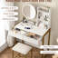 Bureau de meuble-lavabo pour chambre à coucher avec 3 modes d'éclairage, alimentation intégrée, tiroir, tablettes ouvertes et tabouret rembourré, miroir de table de maquillage à DEL blanc doré, éclairage réglable, prise de courant,