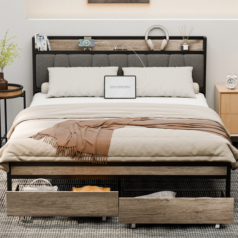 Queen Size Modern Metal Platform Bed Frame With Upholstered Storage Function Headboard And USB LINER And Footboard With Drawers