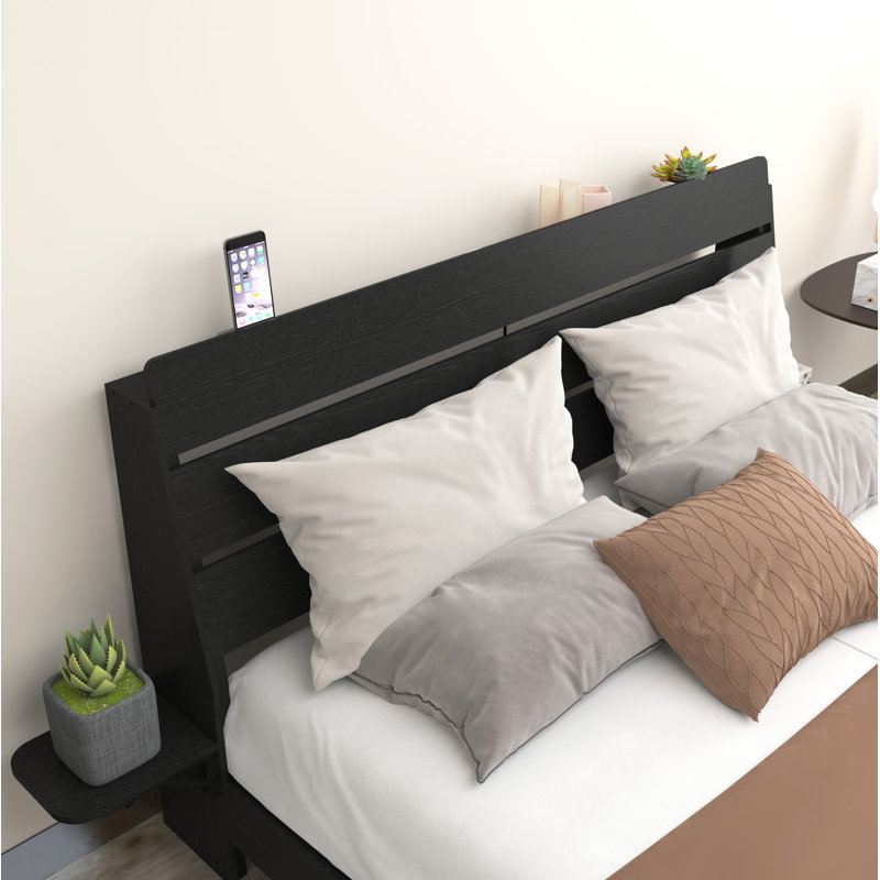 Floating Bed Frame Queen with Led Lights and Charging Station, Wood Queen Size Bed Frame with Storage Headboard, No Box Spring Needed, Easy Assembly,Black.