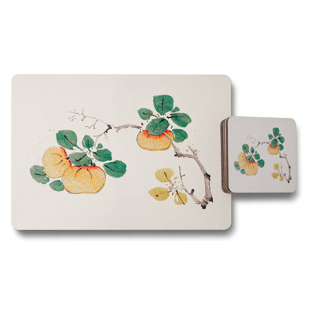 Persimmon Branch Placemat and Coaster Set with Green Leaves