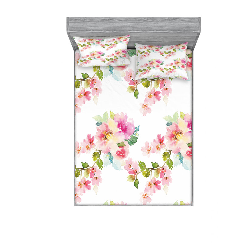Microfiber Floral Sheet Set, Queen Sheet Set + Fitted Sheet + 2 Pillowcases, Pink/Green/Yellow Floral