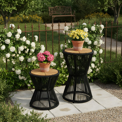 Outdoor Side Table Acacia Wood & Woven Rope, Set of 2
