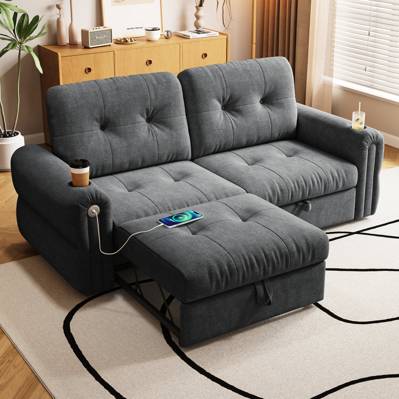 Lit convertible multifonctionnel de 77 pouces pour chambre à coucher, salon, appartement et bureau personnel, tissu de flanelle, rembourrage en mousse, style minimaliste gris foncé, cadre en mousse facile à manipuler, hauteur acier