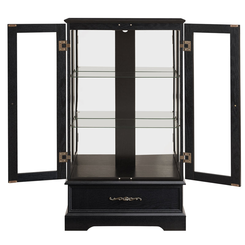 Glass Cabinet Lighted Glass Cabinet Curio Display Cabinet with Adjustable Glass Shelves 2 Doors and 1 drawer Cabinet Bulb Included