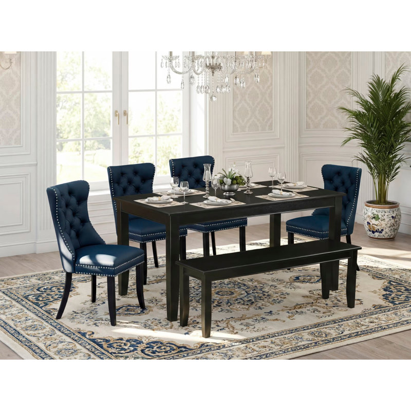 6 Piece Dining Table Set Consists of a Rectangle Kitchen Table and 4 Polyester Fabric Upholstered Chairs with a Bench, Black
