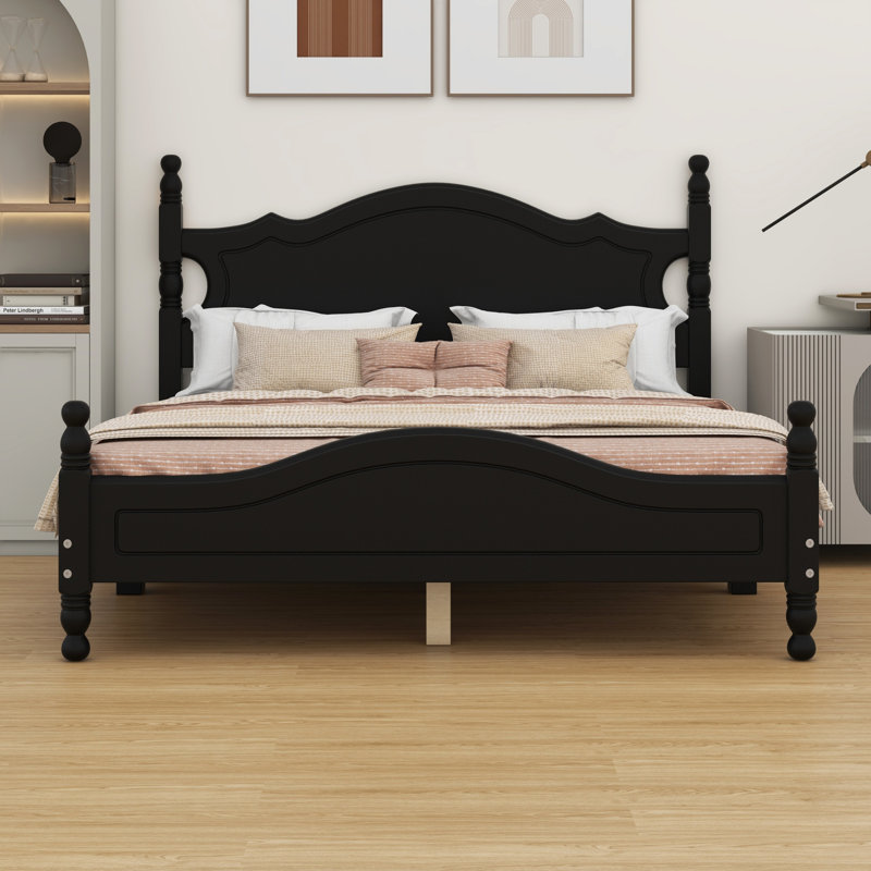 Lit plateforme en bois massif Govea, Lit double, Noir