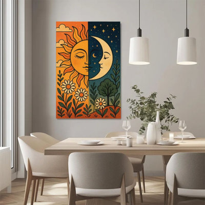 1Pc Framed Canvas Poster Print Sun and Moon Coexistence, Natural Flowers, Vintage Illustration Style Wall Art, Wall Decor, Perfect for Room Decor Living Room Bedroom Office Kitchen Bathroom Home Decor, Rustic & Modern Ideal Home Wall Decoration