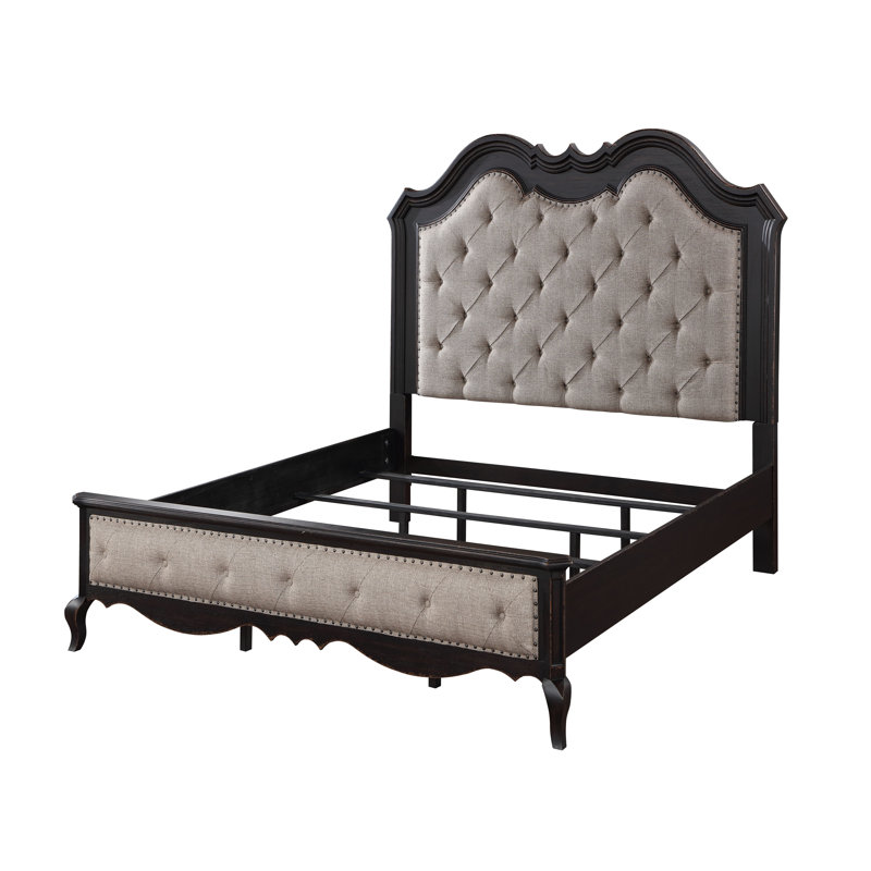 Lit à panneau tapissier traditionnel Sandringham, tissu beige et finition noire antique, Grand