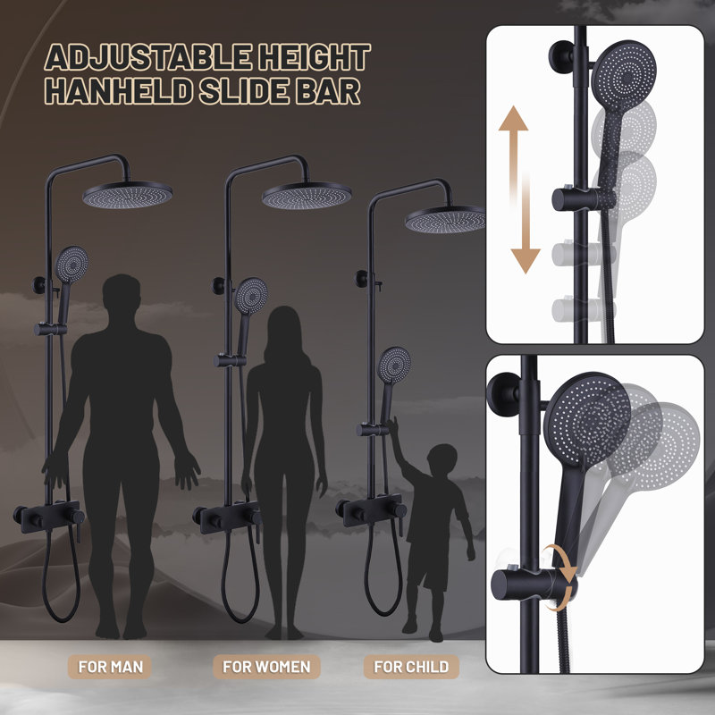 Exposed Shower System 10 Inch Rainfall Shower Head with 3 Modes Handheld Shower, Shower Fixture with Tub Spout & Adjustable Slide Bar with Rough-in Valve