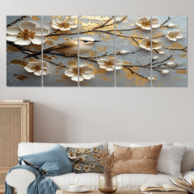 Fleur de cerisier, oiseau blanc et doré sur une branche I - ensemble d'art sur toile Cherry Blossom