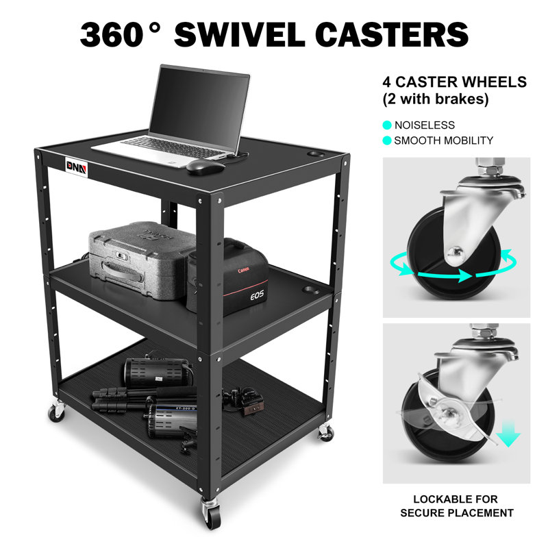 Adjustable Black Steel 3-Shelf Rolling Utility AV Cart