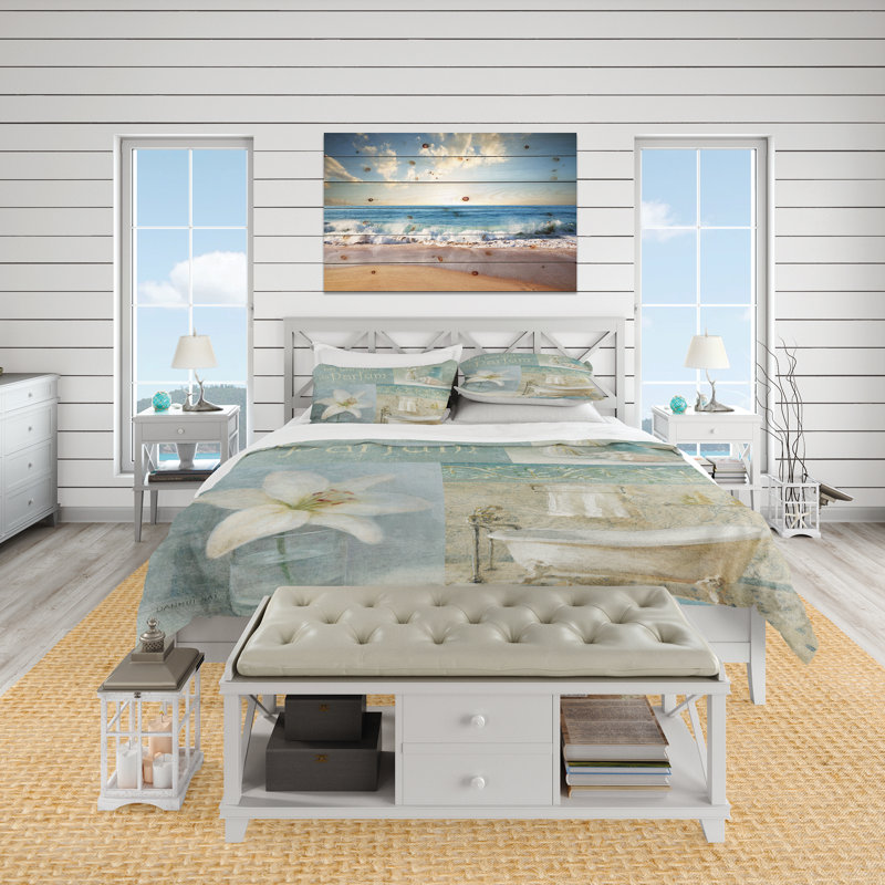 Vintage Beige Minimalism Floral Blossums Coastal Polyester Duvet Cover, Full/Queen Duvet Cover + 2 Shams