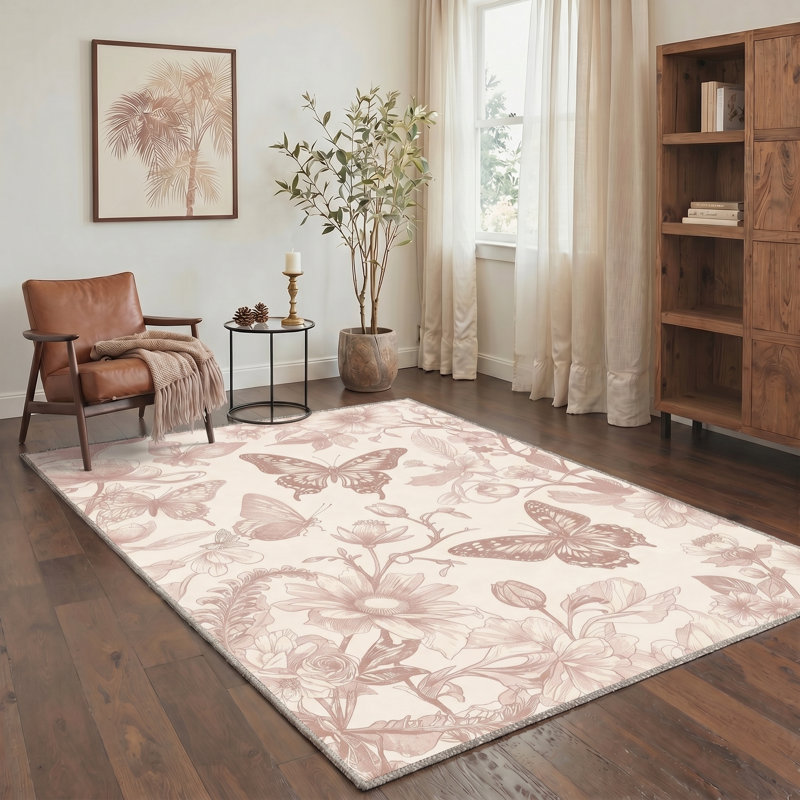Abrahamson Fjordia Floral Machine Washable Beige / Pink Indoor Area Rug with Non-Slip Backing, Rectangle 8' x 10'