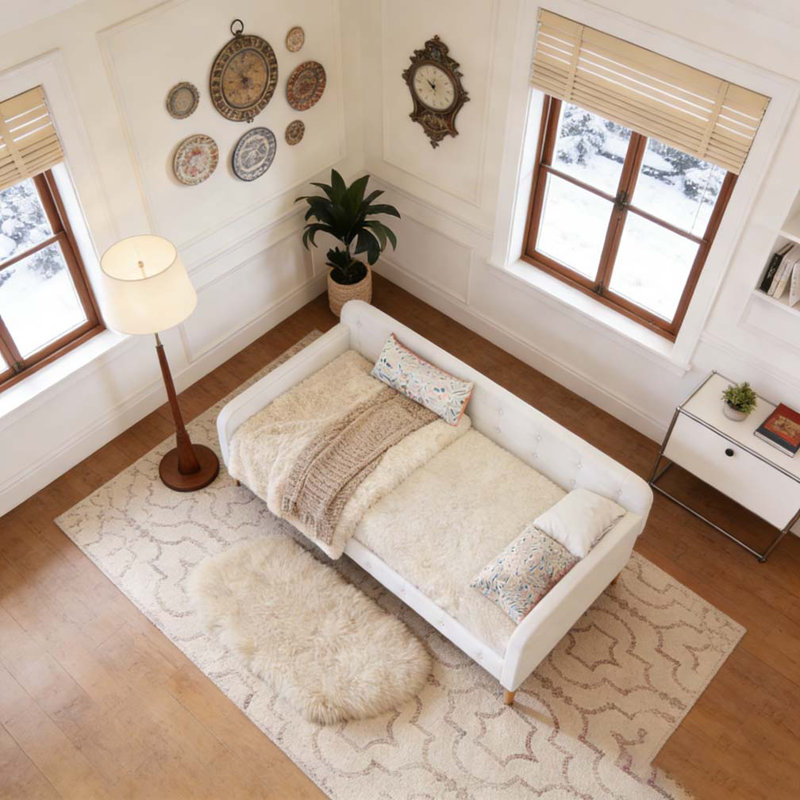 Lit de jour simple rembourré avec 4 pieds de soutien, Beige