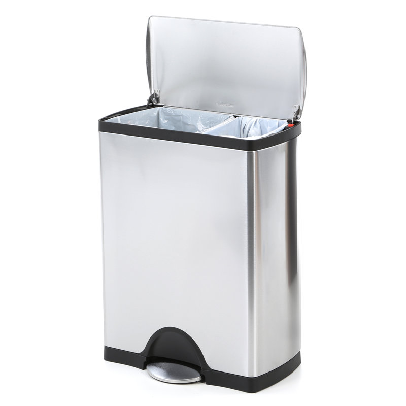simplehuman Rectangular Dual Compartment Recycling Kitchen Step Trash Can, 46 Liter, Stainless Steel