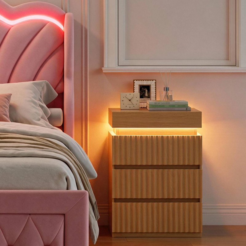 Ensemble de chambre à coucher 3 pièces avec cadre de lit à DEL avec rangement à oreilles et table de chevet à DEL USB, Oak