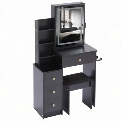 Petite coiffeuse de 29,2 po avec tabouret rembourré, petite tablette de chevet gauche, commande tactile, interrupteur tricolore, miroir à luminosité réglable, rangement grande capacité, convient aux petits espaces