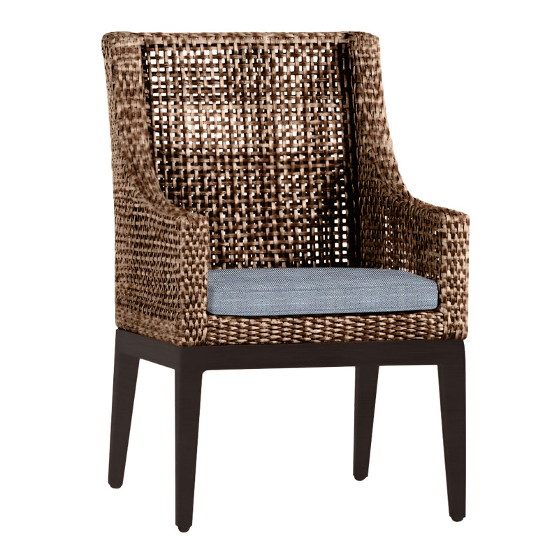 Peninsula Patio Dining Armchair with Cushions, Rollo Chambray InsideOut® Linen, Mahogany/Chestnut, Welt
